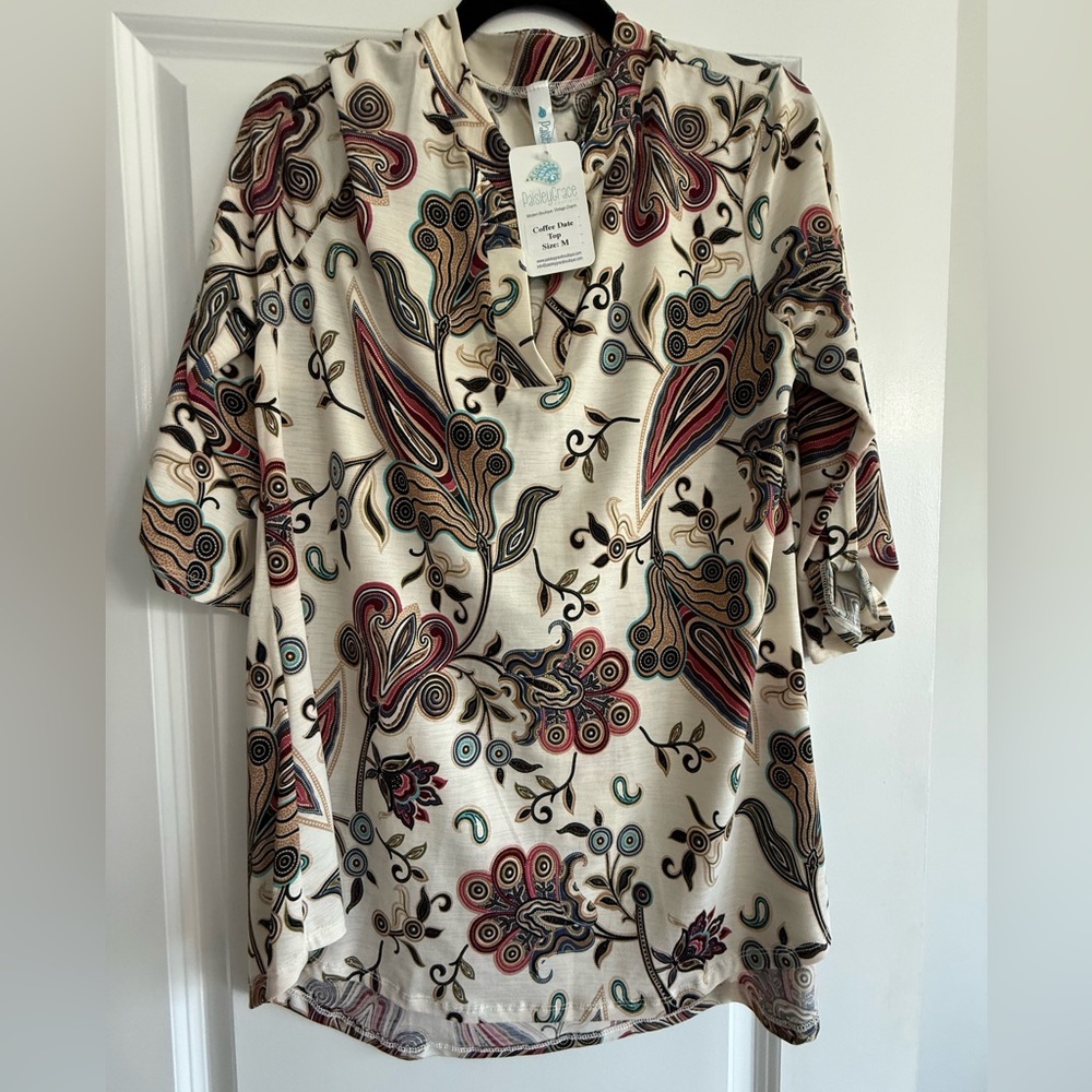 Paisley Grace Coffee Date Top Medium NWT Boho Paisley Blouse Roll Tab Sleeve